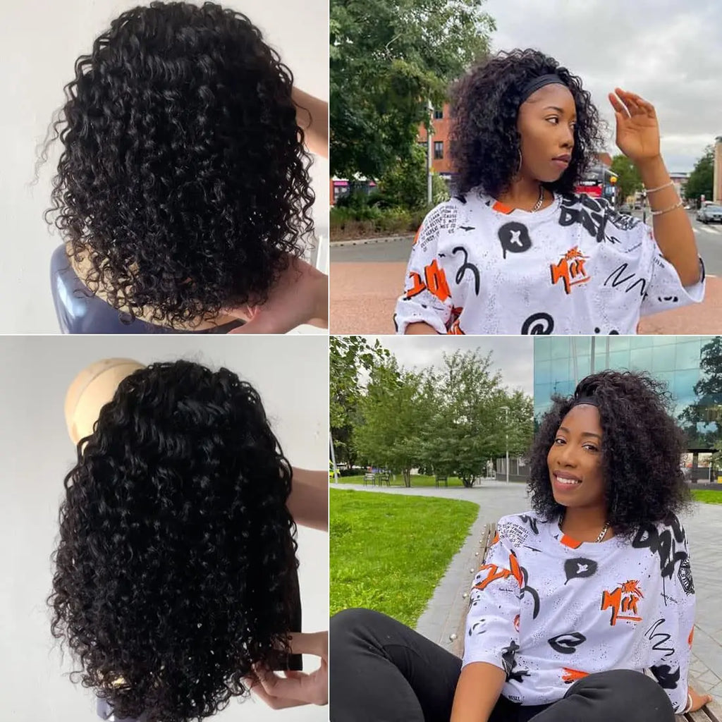 Deep Wave Headband Wig Human Hair Curly Bob Wigs For Women 100% Real Hair Bobo Wigs Full Machine Made Wigs Natural Black Hair