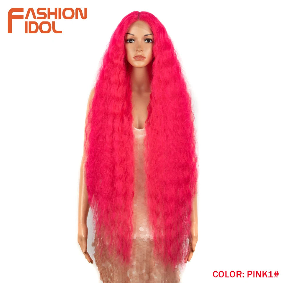 FASHION IDOL 42inch/105cm Super Long Lace Front Wigs Water Wavy Curly Hair Synthetic Wigs For Women Ombre Blonde Wigs Cosplay