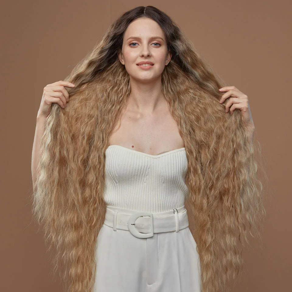 FASHION IDOL 42inch/105cm Super Long Lace Front Wigs Water Wavy Curly Hair Synthetic Wigs For Women Ombre Blonde Wigs Cosplay