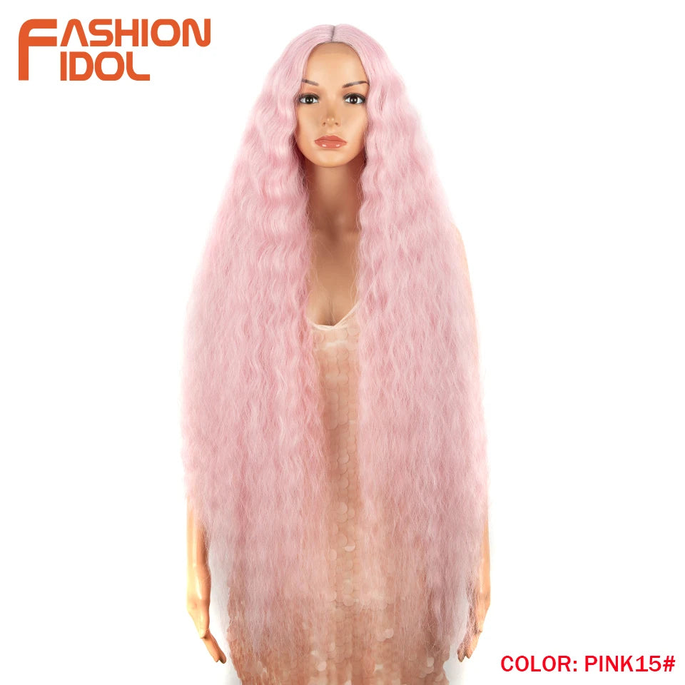 FASHION IDOL 42inch/105cm Super Long Lace Front Wigs Water Wavy Curly Hair Synthetic Wigs For Women Ombre Blonde Wigs Cosplay