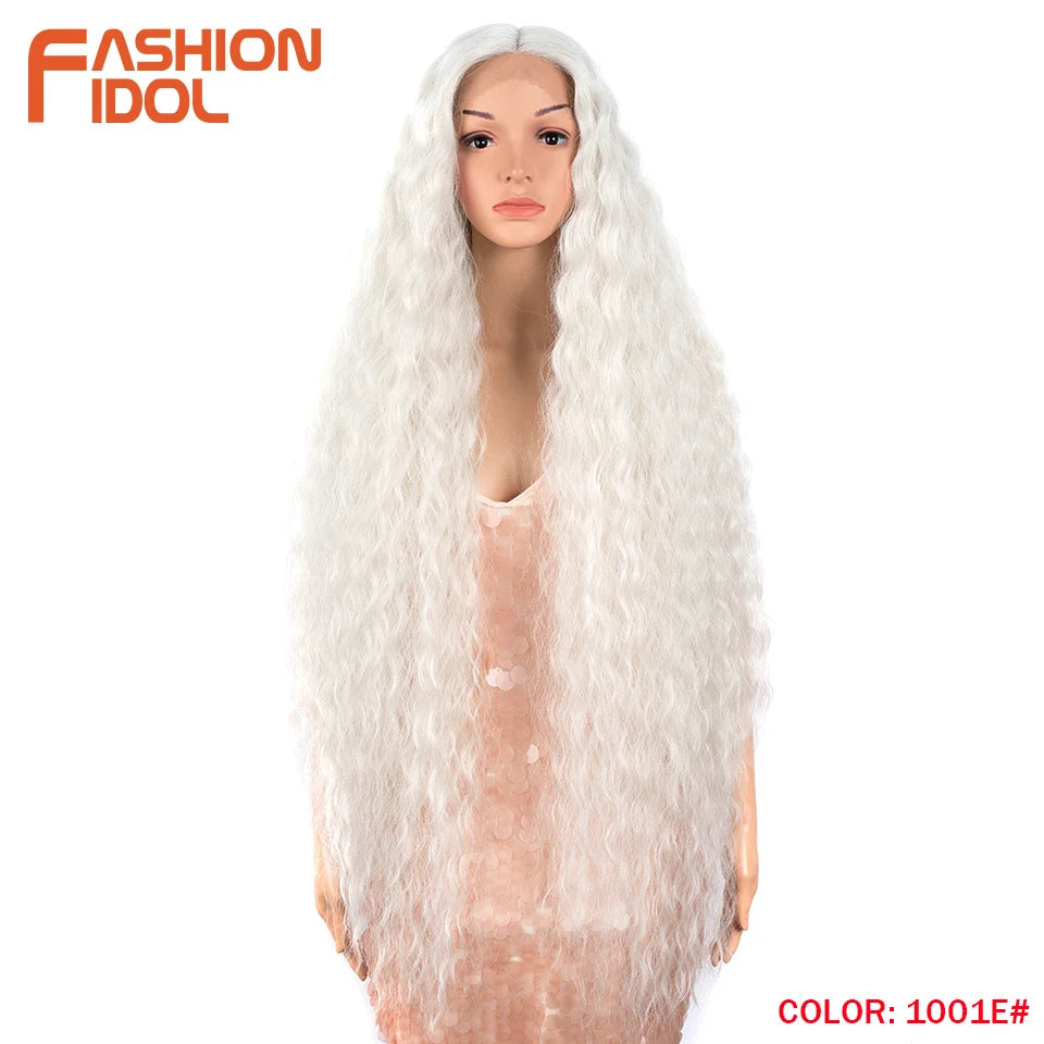FASHION IDOL 42inch/105cm Super Long Lace Front Wigs Water Wavy Curly Hair Synthetic Wigs For Women Ombre Blonde Wigs Cosplay