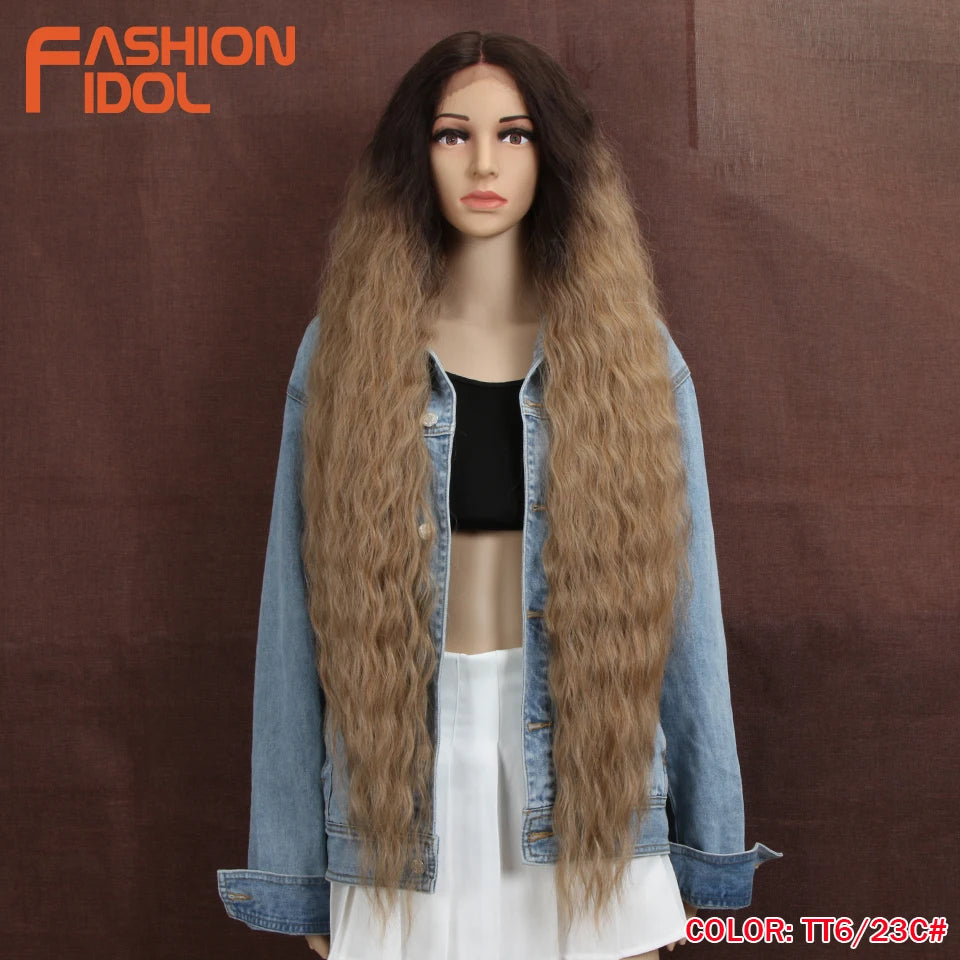 FASHION IDOL 42inch/105cm Super Long Lace Front Wigs Water Wavy Curly Hair Synthetic Wigs For Women Ombre Blonde Wigs Cosplay