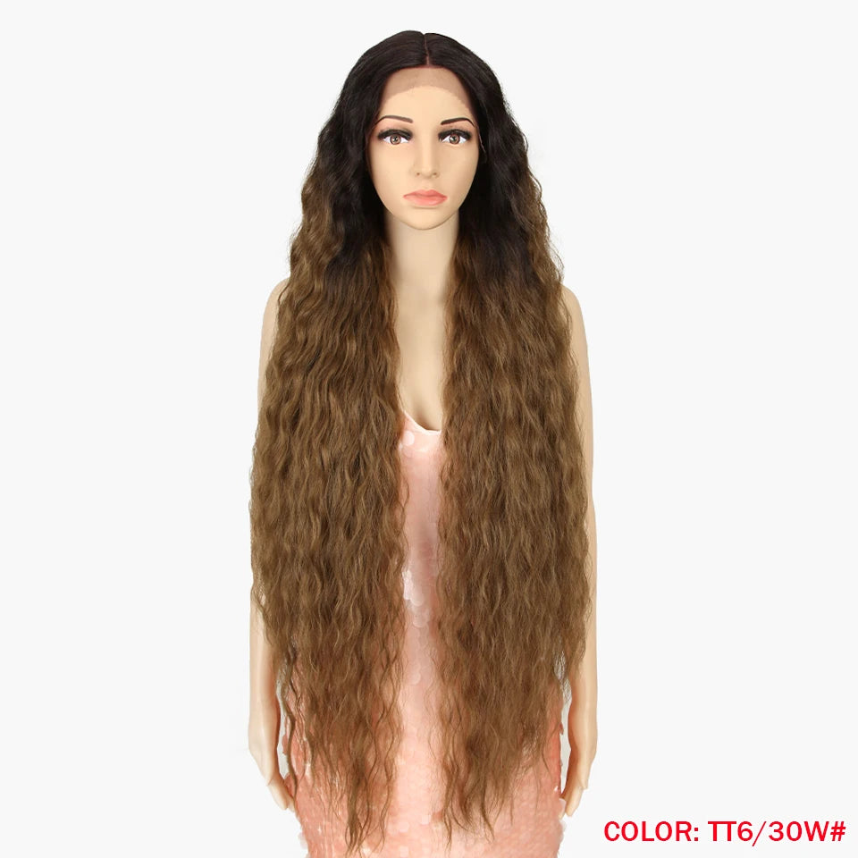 FASHION IDOL 42inch/105cm Super Long Lace Front Wigs Water Wavy Curly Hair Synthetic Wigs For Women Ombre Blonde Wigs Cosplay
