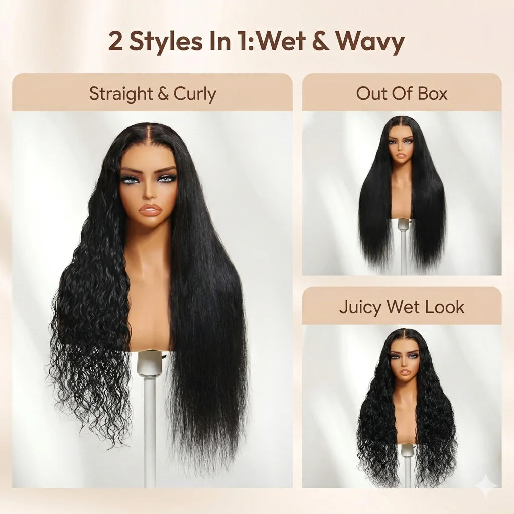 2-In-1 Straight To Water Wave Dream Curl Glueless 100% Human Hair Wig With Drawstring 13x4 13x6 Full HD Lace Frontal Wigs