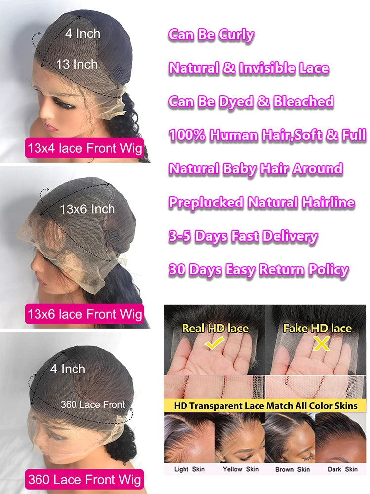 Water Deep Wave 13x6 13x4 Transparent HD Lace Front Curly ≥98% Human Hair Wig 360 Pre Plucked Lace Frontal Wigs For Black Women
