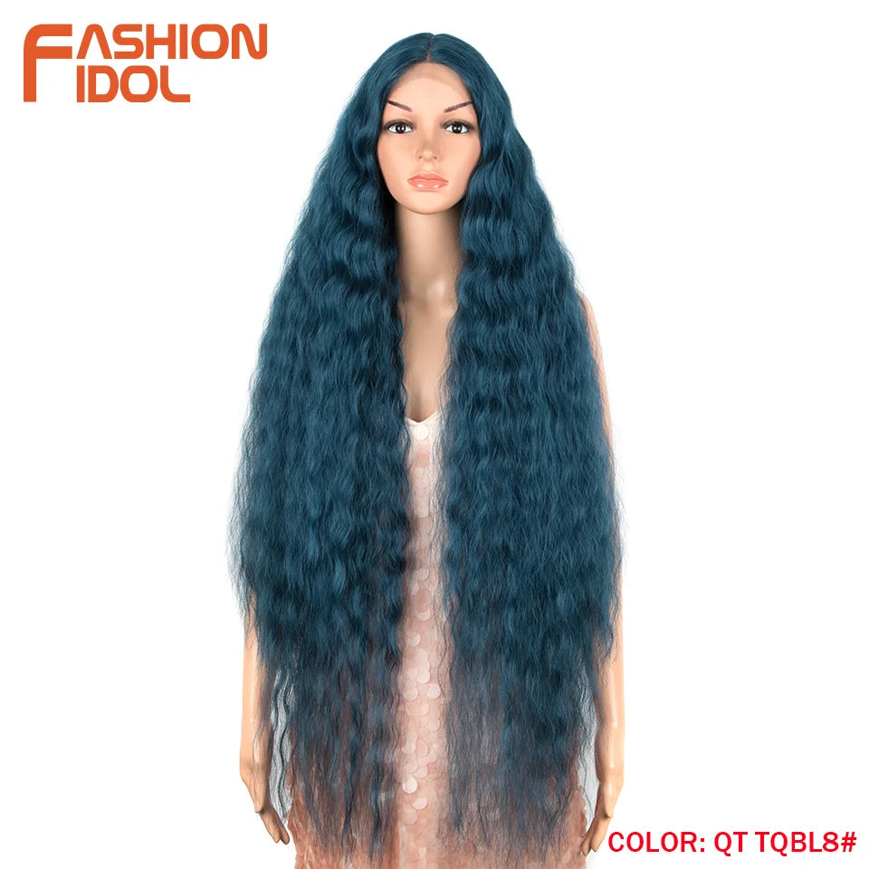 FASHION IDOL 42inch/105cm Super Long Lace Front Wigs Water Wavy Curly Hair Synthetic Wigs For Women Ombre Blonde Wigs Cosplay