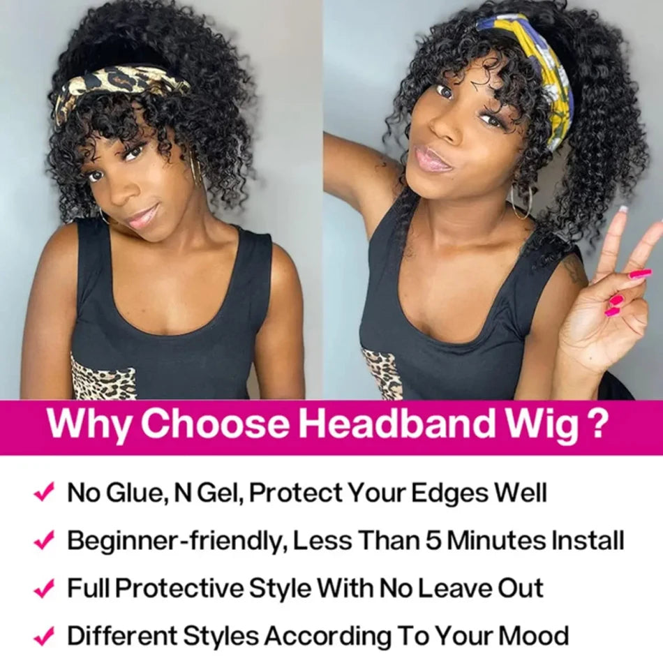 Brazilian Kinky Curly Headband Wigs Wear And Go Glueless Human Hair Wig Full Machine Made Short Bob Curly Wigs For Women 250%