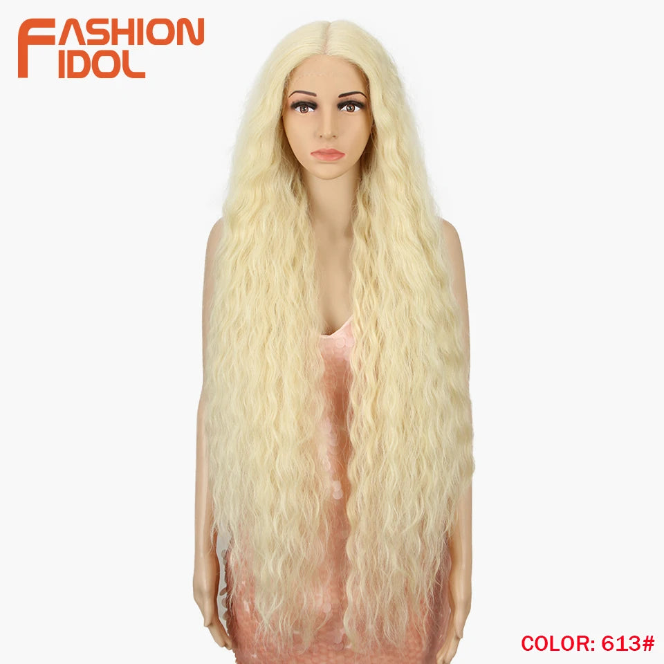 FASHION IDOL 42inch/105cm Super Long Lace Front Wigs Water Wavy Curly Hair Synthetic Wigs For Women Ombre Blonde Wigs Cosplay