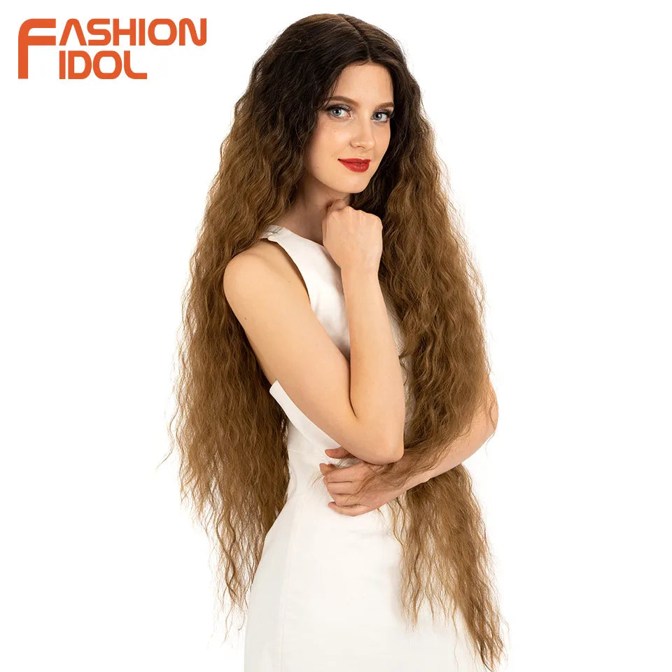 FASHION IDOL 42inch/105cm Super Long Lace Front Wigs Water Wavy Curly Hair Synthetic Wigs For Women Ombre Blonde Wigs Cosplay