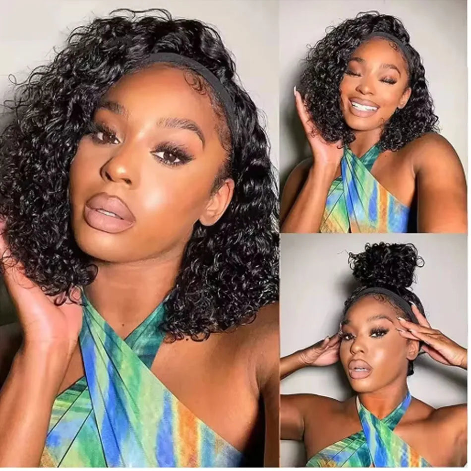 Brazilian Kinky Curly Headband Wigs Wear And Go Glueless Human Hair Wig Full Machine Made Short Bob Curly Wigs For Women 250%