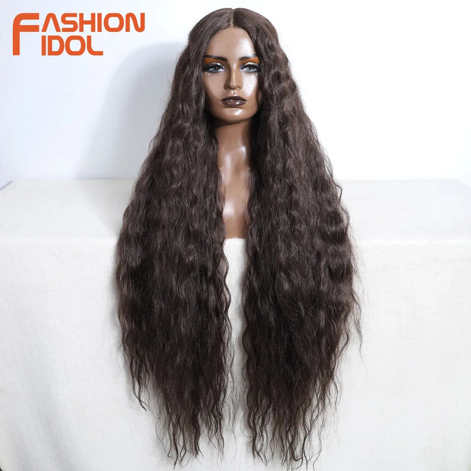 FASHION IDOL 42inch/105cm Super Long Lace Front Wigs Water Wavy Curly Hair Synthetic Wigs For Women Ombre Blonde Wigs Cosplay