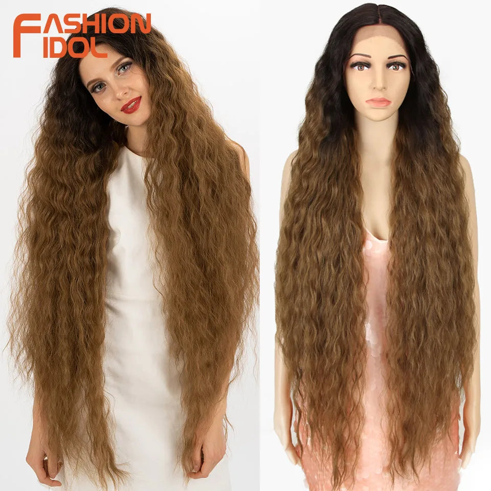 FASHION IDOL 42inch/105cm Super Long Lace Front Wigs Water Wavy Curly Hair Synthetic Wigs For Women Ombre Blonde Wigs Cosplay