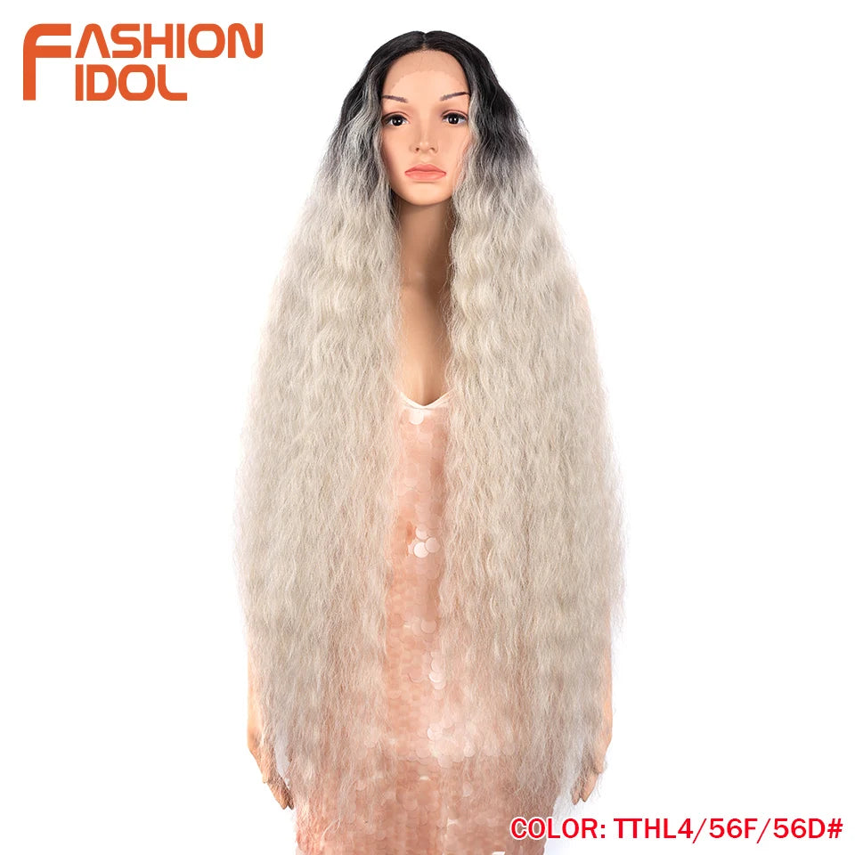 FASHION IDOL 42inch/105cm Super Long Lace Front Wigs Water Wavy Curly Hair Synthetic Wigs For Women Ombre Blonde Wigs Cosplay
