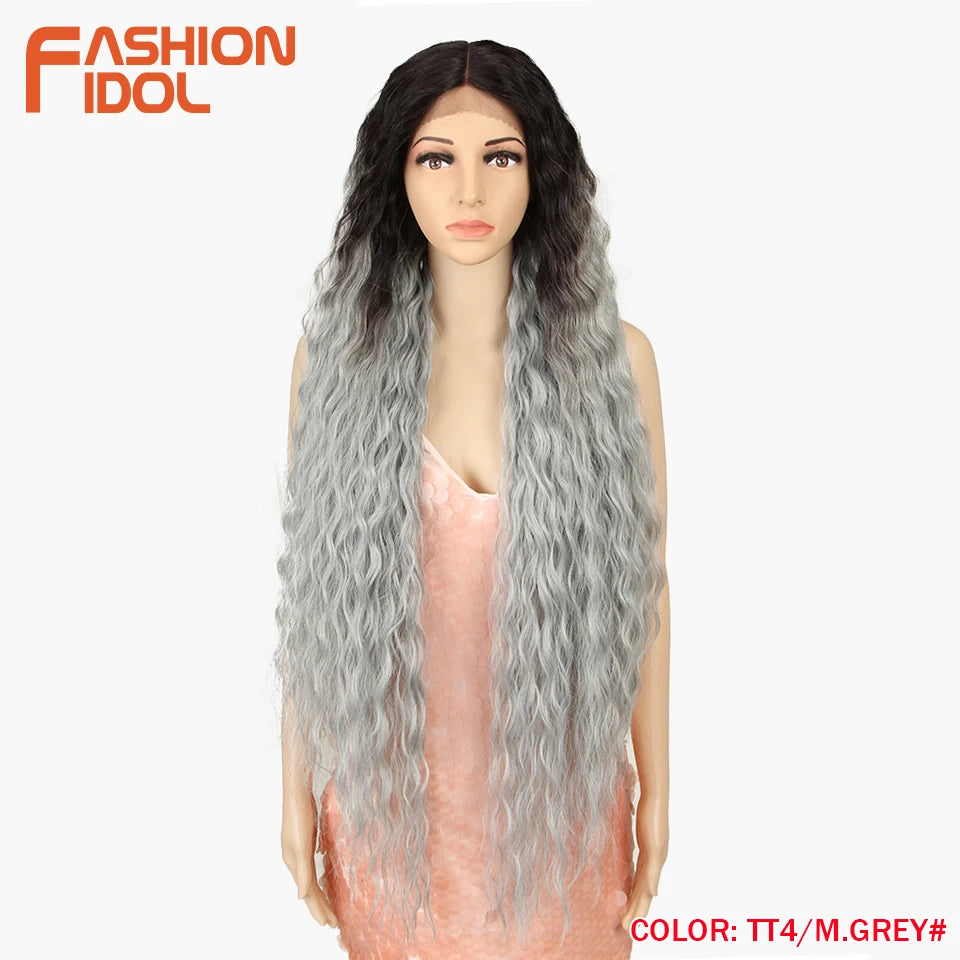 FASHION IDOL 42inch/105cm Super Long Lace Front Wigs Water Wavy Curly Hair Synthetic Wigs For Women Ombre Blonde Wigs Cosplay