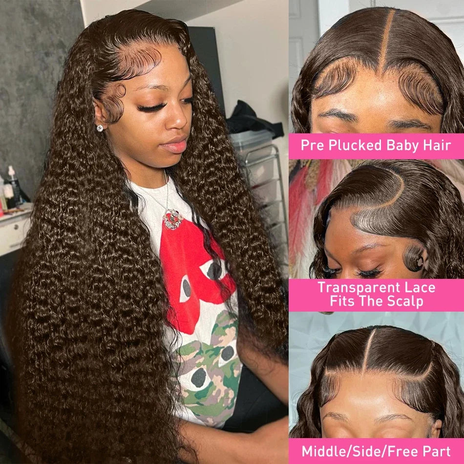 HD Chocolate Brown Curly Human Hair Wigs For Women 13x4 13x6 Deep Wave Lace Frontal Wigs Pre Plucked Brown Brazilian Human Hair