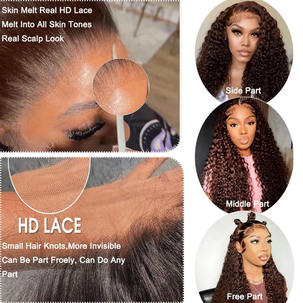 250 Density Chocolate Brown Deep Wave Human Hair Wig 30 38 Inch Transparent Lace Frontal Wigs 13x6 Lace Front Water Curly Wigs