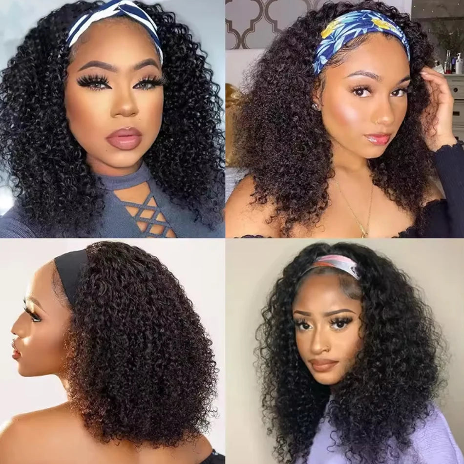 Brazilian Kinky Curly Headband Wigs Wear And Go Glueless Human Hair Wig Full Machine Made Short Bob Curly Wigs For Women 250%