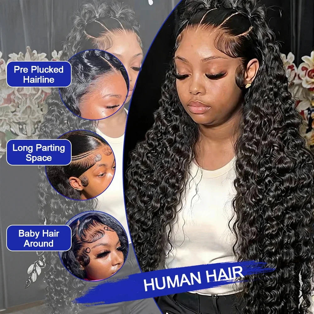 Deep Wave 13x6 HD Transparent Lace Front ≥98% Human Hair Wigs 200% Real Density Curly 13x4 Lace Frontal Wigs Women Wet And Wavy