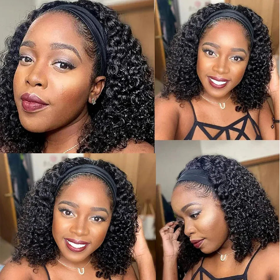 Brazilian Kinky Curly Headband Wigs Wear And Go Glueless Human Hair Wig Full Machine Made Short Bob Curly Wigs For Women 250%