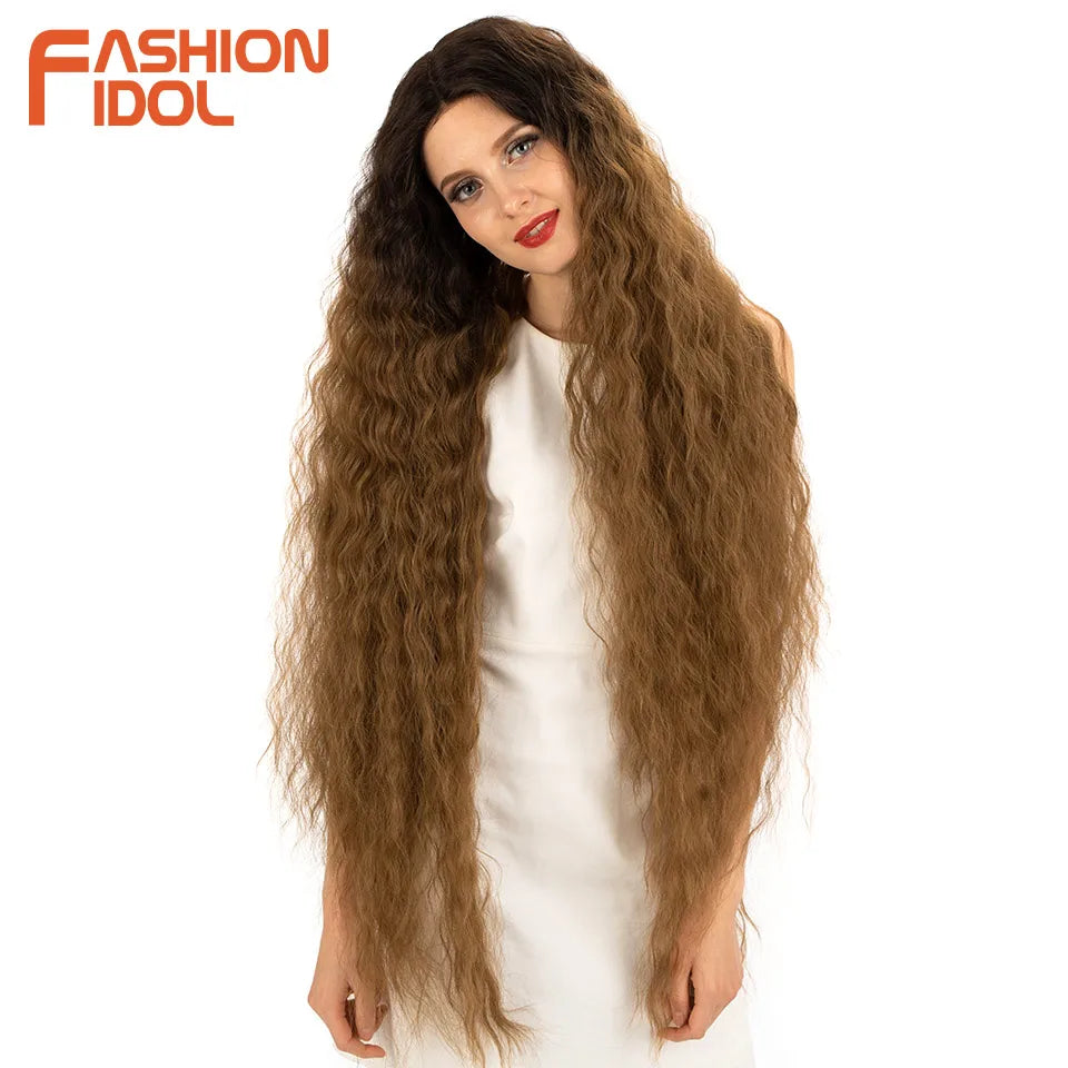 FASHION IDOL 42inch/105cm Super Long Lace Front Wigs Water Wavy Curly Hair Synthetic Wigs For Women Ombre Blonde Wigs Cosplay