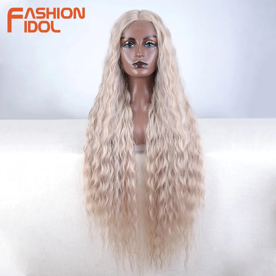 FASHION IDOL 42inch/105cm Super Long Lace Front Wigs Water Wavy Curly Hair Synthetic Wigs For Women Ombre Blonde Wigs Cosplay