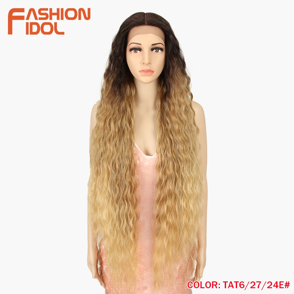 FASHION IDOL 42inch/105cm Super Long Lace Front Wigs Water Wavy Curly Hair Synthetic Wigs For Women Ombre Blonde Wigs Cosplay