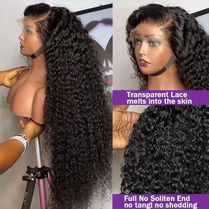 34 Inch Jerry Curly Virgin Human Hair Wig Natural Black 13x4 HD Transparent Lace Front Wig Pre Trimmed Natural Hairline Wigs