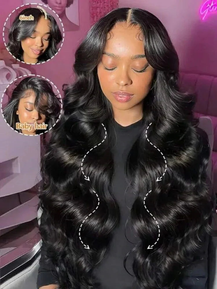 Glueless 13x6 Body Wave Human Hair Wigs Pre Plucked 40 Inches 250% Density HD Lace Front Wigs Human Hair Body Wave Natural Black