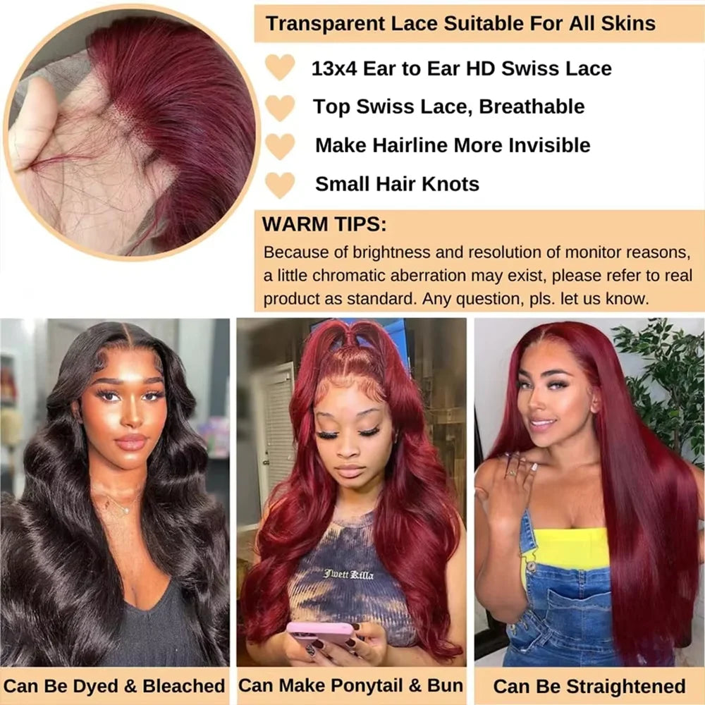 Body Wave Burgundy 99J Red Colored Human Hair Wigs 13x6 HD Lace Frontal Wig Red 13x4 HD Lace Front Wig Human Hair Wigs