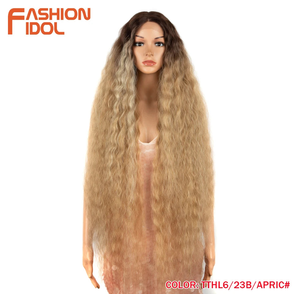 FASHION IDOL 42inch/105cm Super Long Lace Front Wigs Water Wavy Curly Hair Synthetic Wigs For Women Ombre Blonde Wigs Cosplay