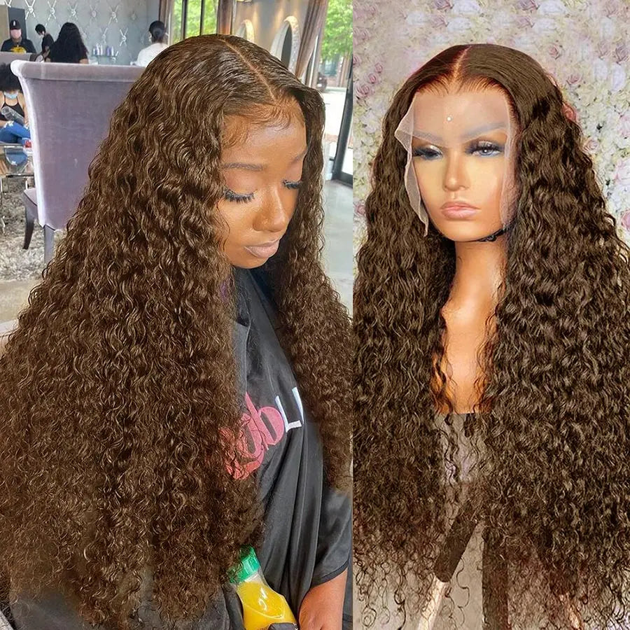 HD Chocolate Brown Curly Human Hair Wigs For Women 13x4 13x6 Deep Wave Lace Frontal Wigs Pre Plucked Brown Brazilian Human Hair