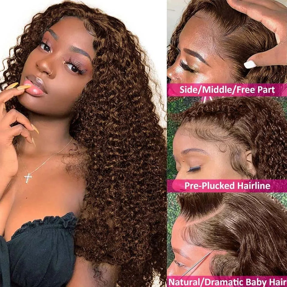 HD Chocolate Brown Curly Human Hair Wigs For Women 13x4 13x6 Deep Wave Lace Frontal Wigs Pre Plucked Brown Brazilian Human Hair