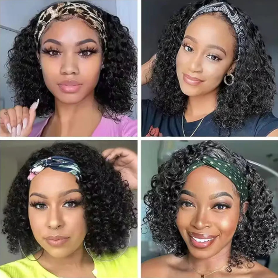 Brazilian Kinky Curly Headband Wigs Wear And Go Glueless Human Hair Wig Full Machine Made Short Bob Curly Wigs For Women 250%