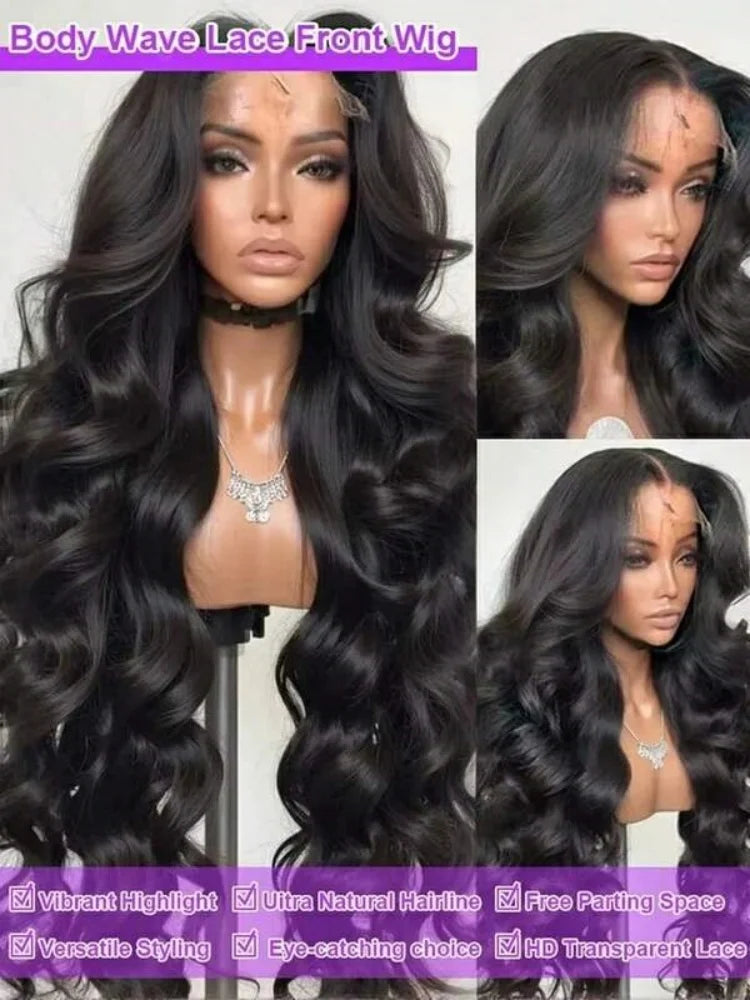 Glueless 13x6 Body Wave Human Hair Wigs Pre Plucked 40 Inches 250% Density HD Lace Front Wigs Human Hair Body Wave Natural Black
