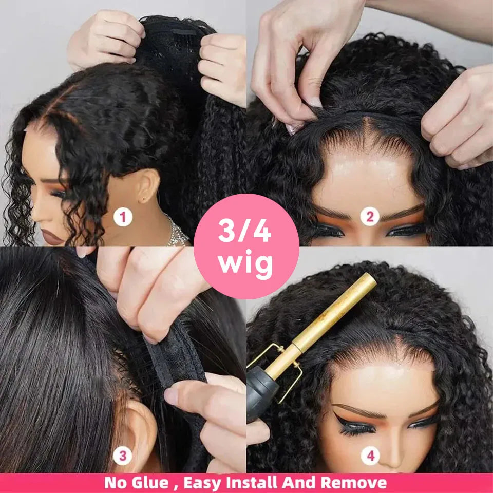 4A Wavy Curly Flip Over Human Hair Half Wigs Water Curly Lace Free Half Wig For Women Invisible Natural Wig For Quickly Install