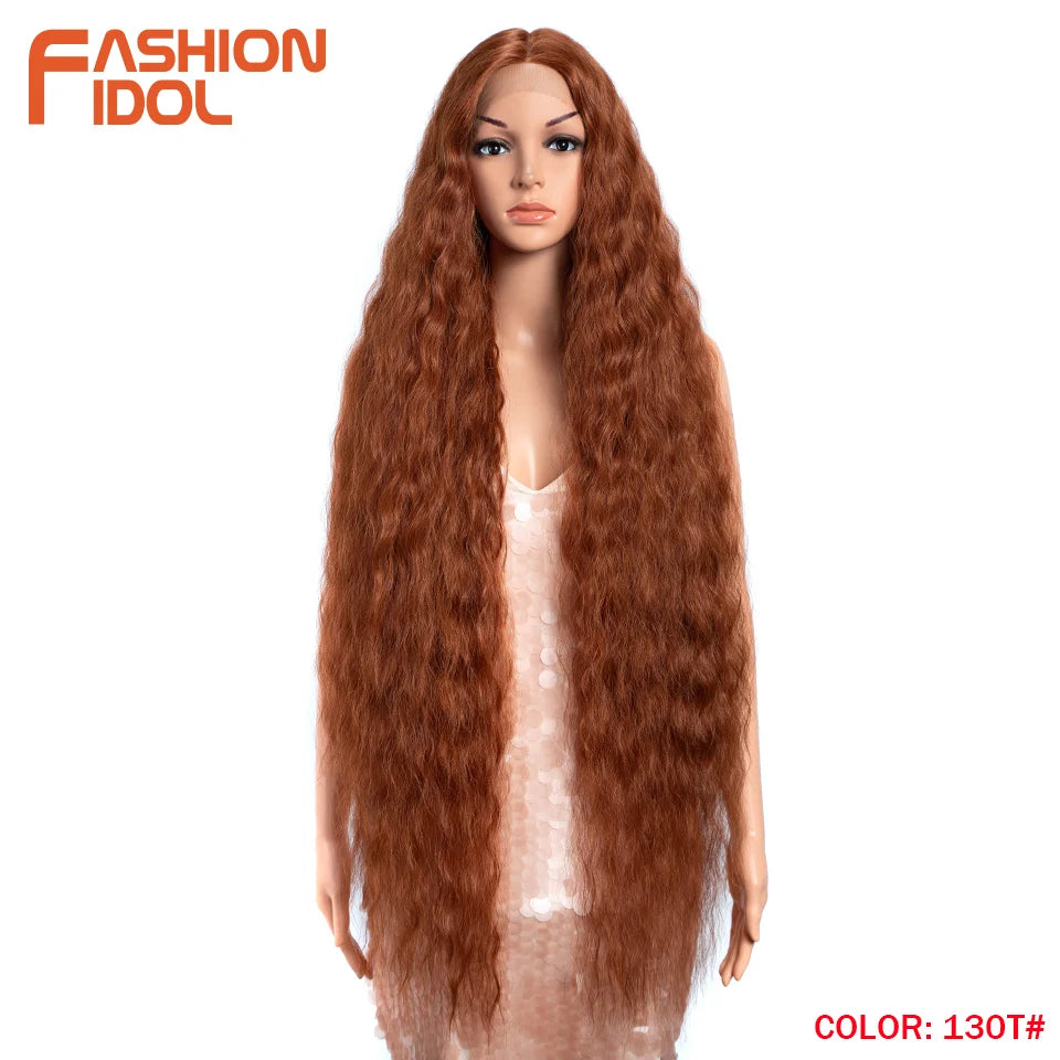 FASHION IDOL 42inch/105cm Super Long Lace Front Wigs Water Wavy Curly Hair Synthetic Wigs For Women Ombre Blonde Wigs Cosplay