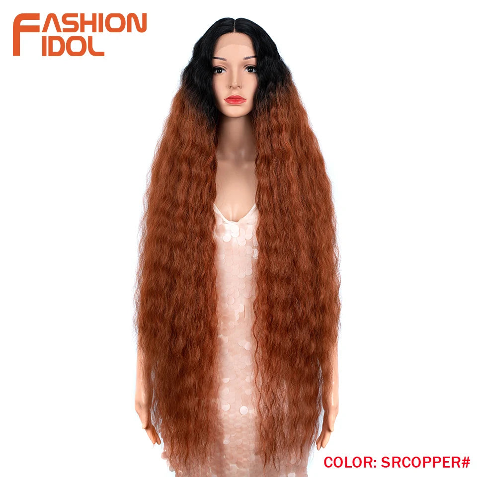 FASHION IDOL 42inch/105cm Super Long Lace Front Wigs Water Wavy Curly Hair Synthetic Wigs For Women Ombre Blonde Wigs Cosplay