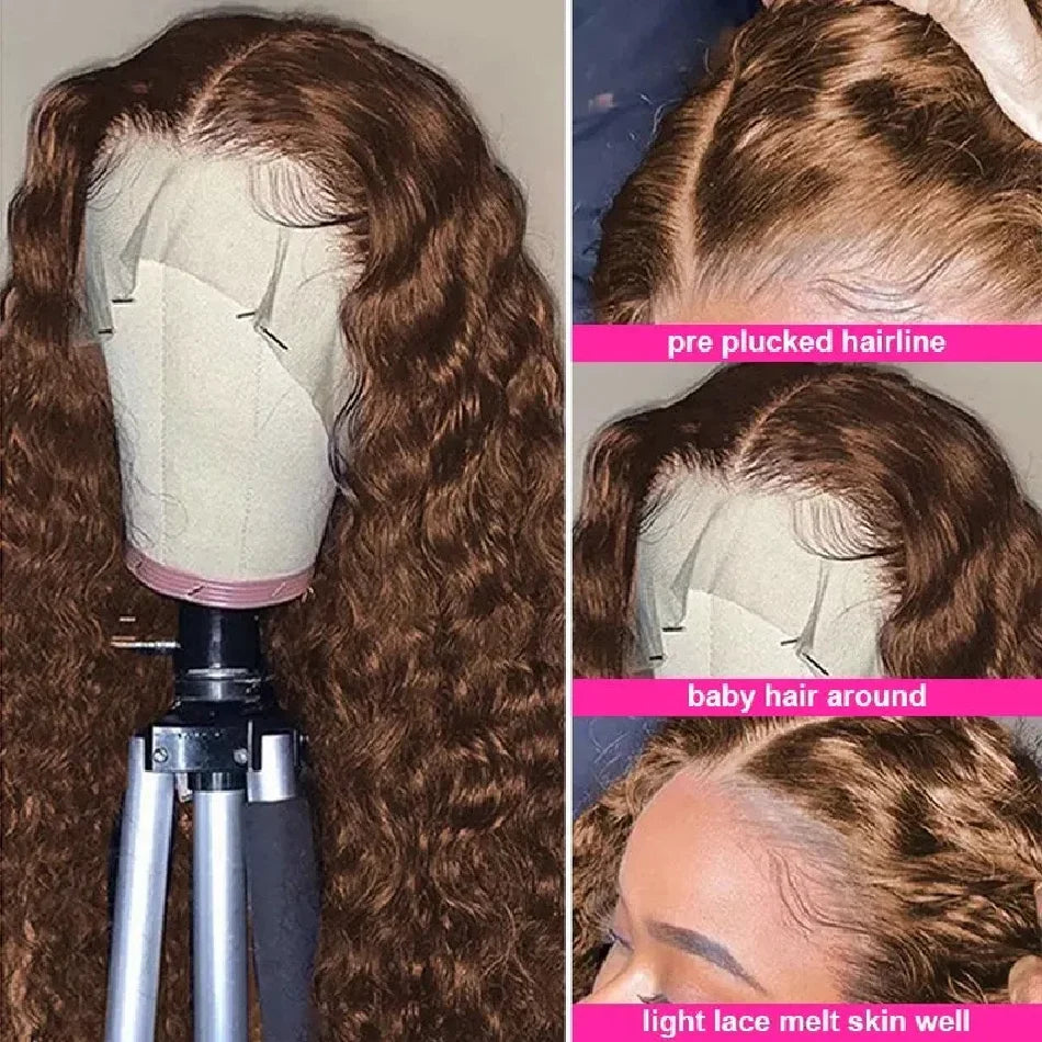 Chocolate Brown Curly Lace Front Human Hair Wigs 13x4 13x6 Brazilian Deep Wave Transparent HD Lace Frontal Wig 4x4 Bleached Wigs