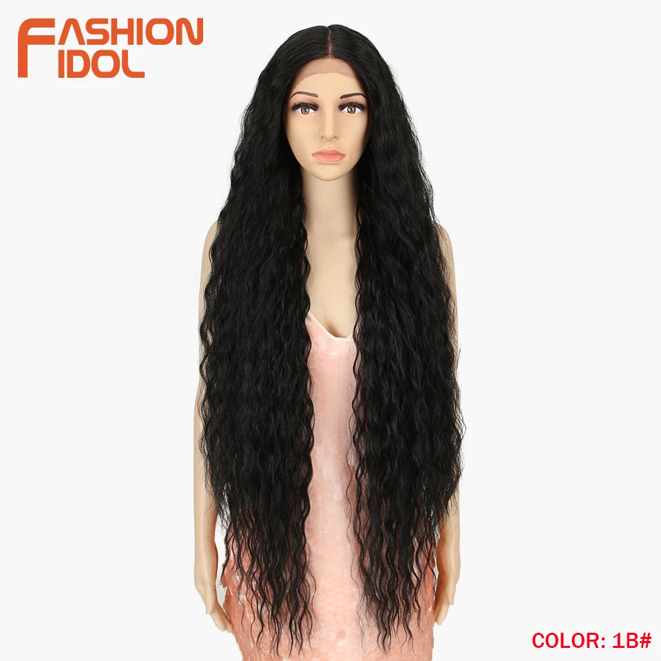 FASHION IDOL 42inch/105cm Super Long Lace Front Wigs Water Wavy Curly Hair Synthetic Wigs For Women Ombre Blonde Wigs Cosplay