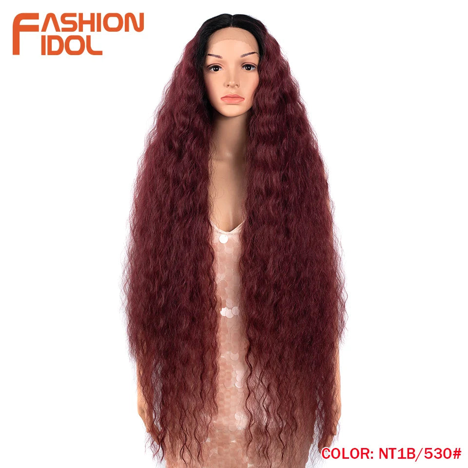 FASHION IDOL 42inch/105cm Super Long Lace Front Wigs Water Wavy Curly Hair Synthetic Wigs For Women Ombre Blonde Wigs Cosplay