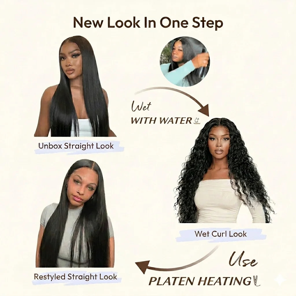 2-In-1 Straight To Water Wave Dream Curl Glueless 100% Human Hair Wig With Drawstring 13x4 13x6 Full HD Lace Frontal Wigs