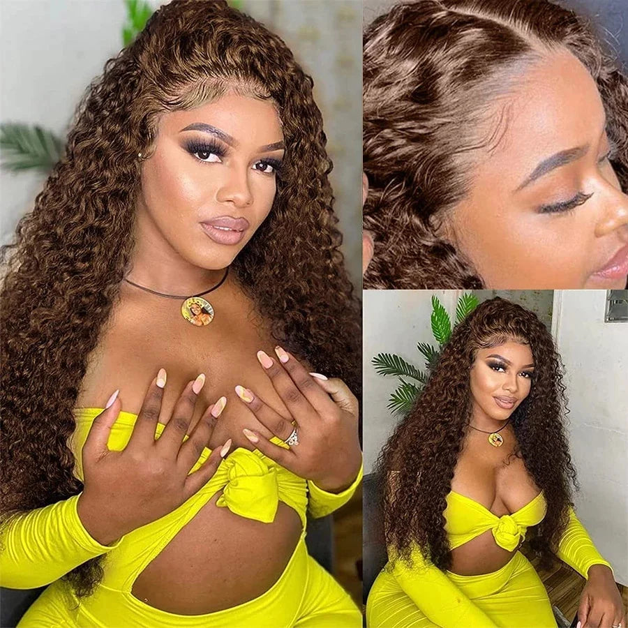 Chocolate Brown Curly Lace Front Human Hair Wigs 13x4 13x6 Brazilian Deep Wave Transparent HD Lace Frontal Wig 4x4 Bleached Wigs
