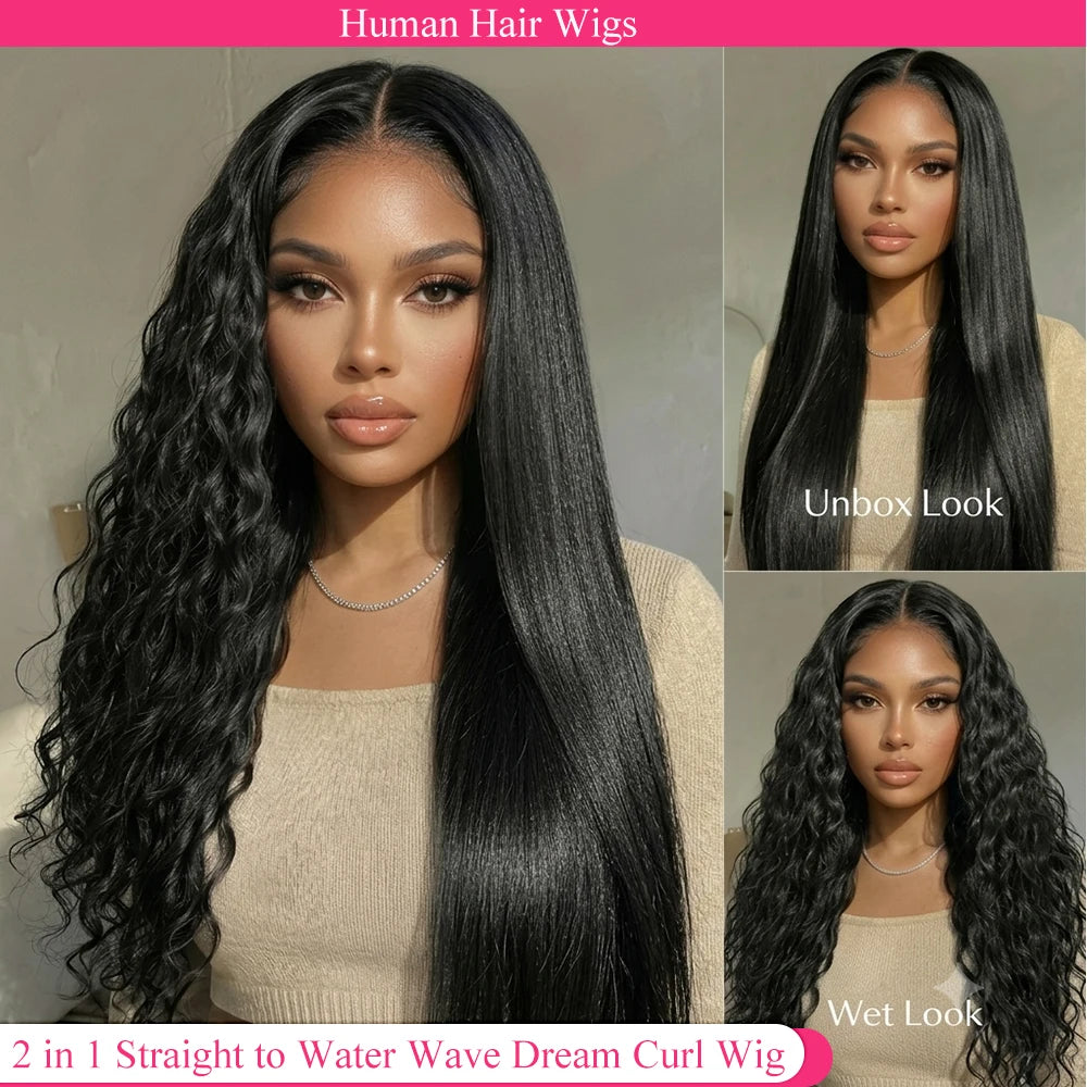 2-In-1 Straight To Water Wave Dream Curl Glueless 100% Human Hair Wig With Drawstring 13x4 13x6 Full HD Lace Frontal Wigs