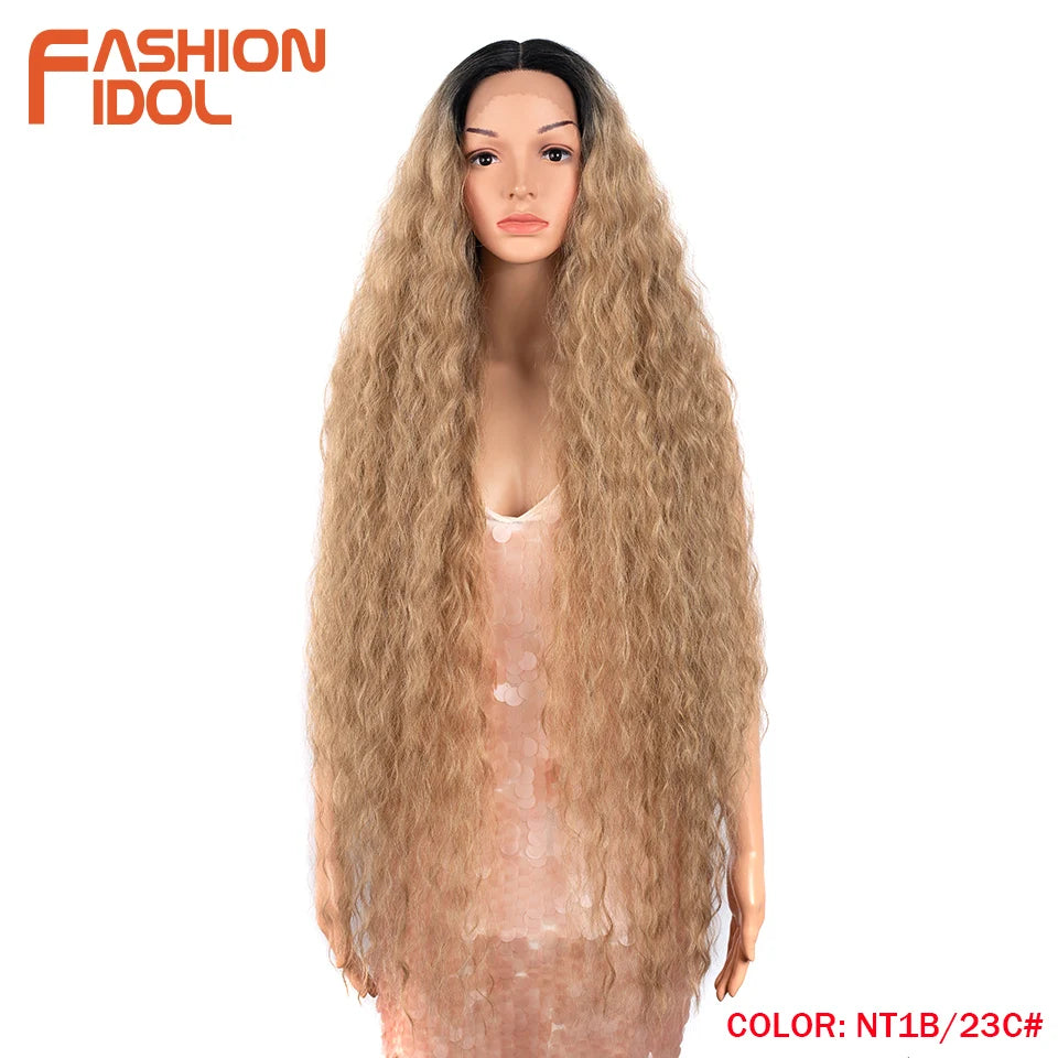FASHION IDOL 42inch/105cm Super Long Lace Front Wigs Water Wavy Curly Hair Synthetic Wigs For Women Ombre Blonde Wigs Cosplay