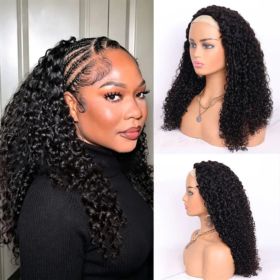 4A Wavy Curly Flip Over Human Hair Half Wigs Water Curly Lace Free Half Wig For Women Invisible Natural Wig For Quickly Install