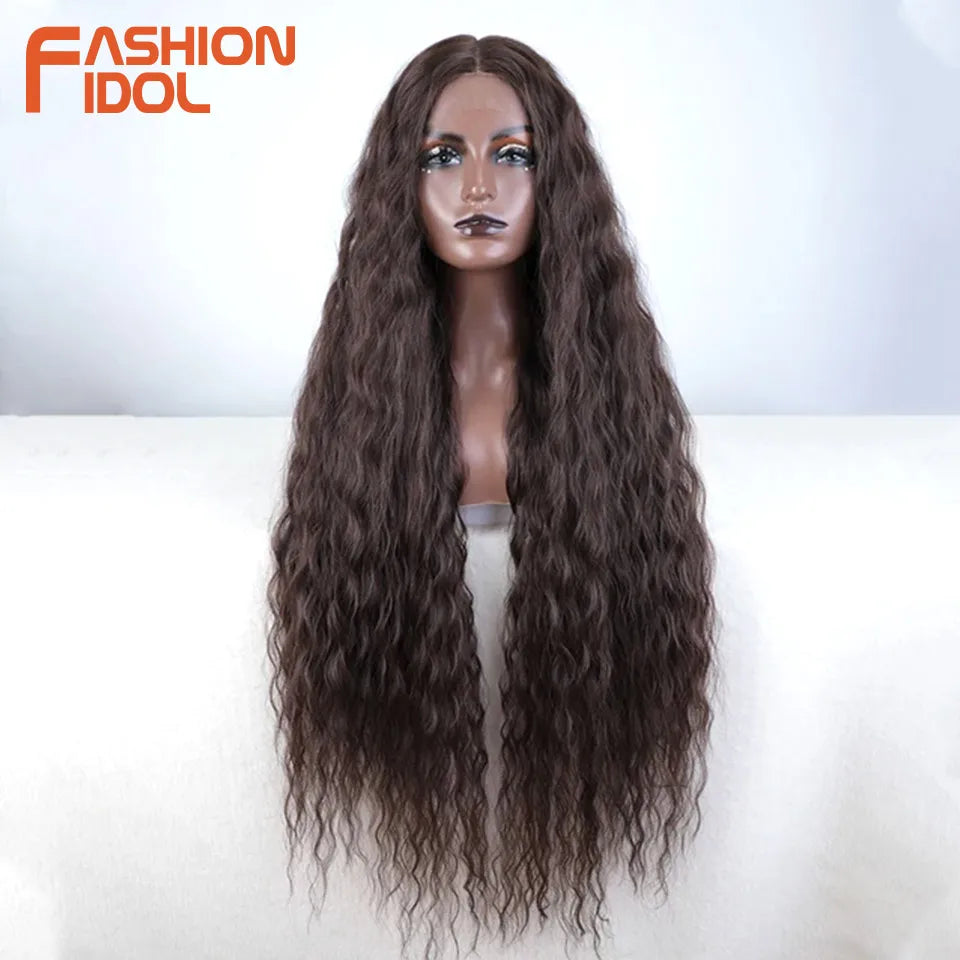 FASHION IDOL 42inch/105cm Super Long Lace Front Wigs Water Wavy Curly Hair Synthetic Wigs For Women Ombre Blonde Wigs Cosplay