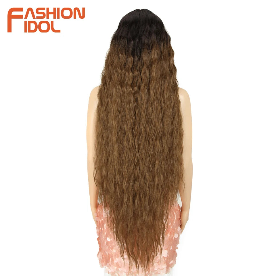 FASHION IDOL 42inch/105cm Super Long Lace Front Wigs Water Wavy Curly Hair Synthetic Wigs For Women Ombre Blonde Wigs Cosplay