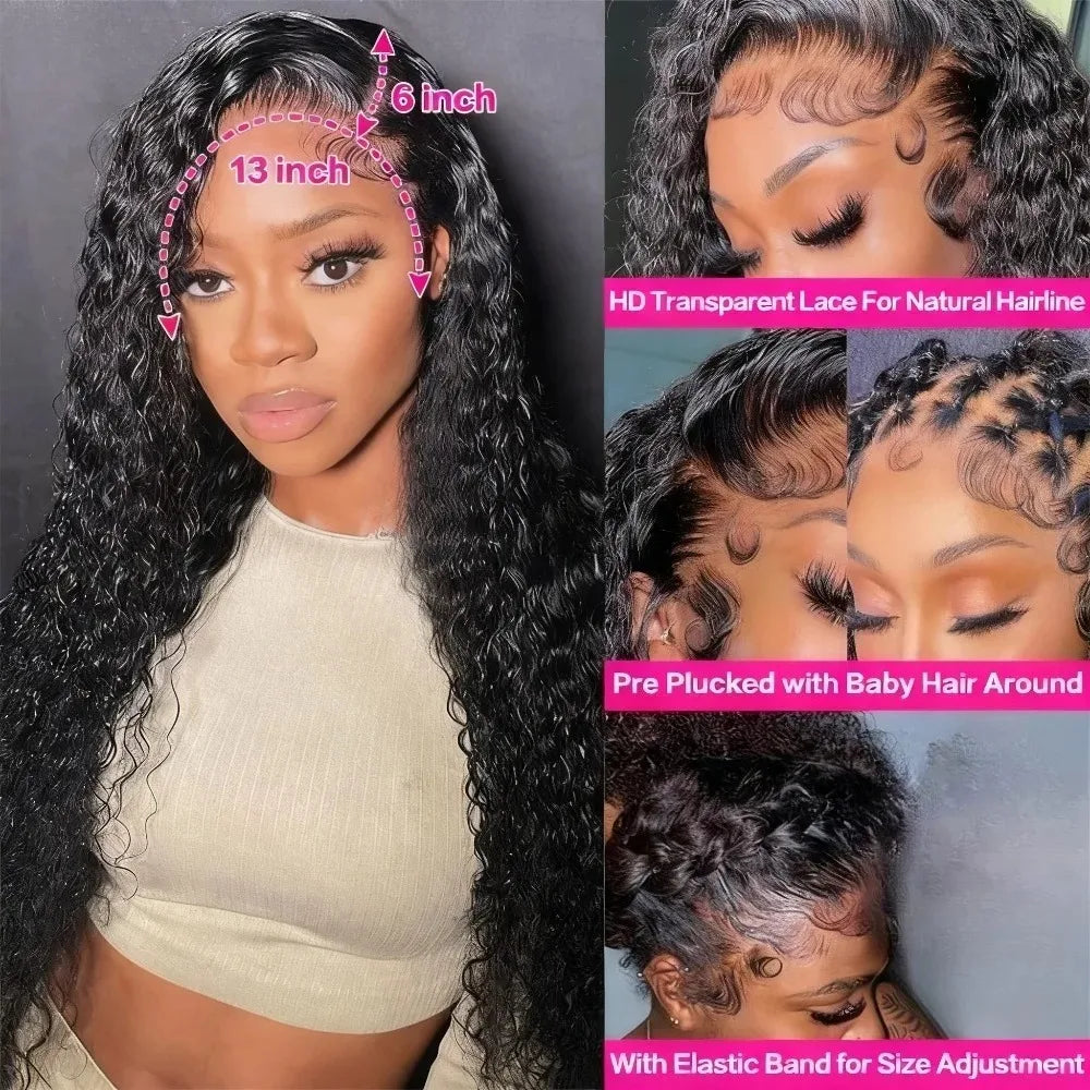 34 Inch Jerry Curly Virgin Human Hair Wig Natural Black 13x4 HD Transparent Lace Front Wig Pre Trimmed Natural Hairline Wigs